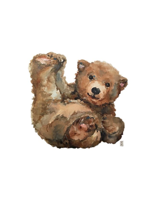 a watercolor painting of a teddy bear sitting on its back with it's paws in the air