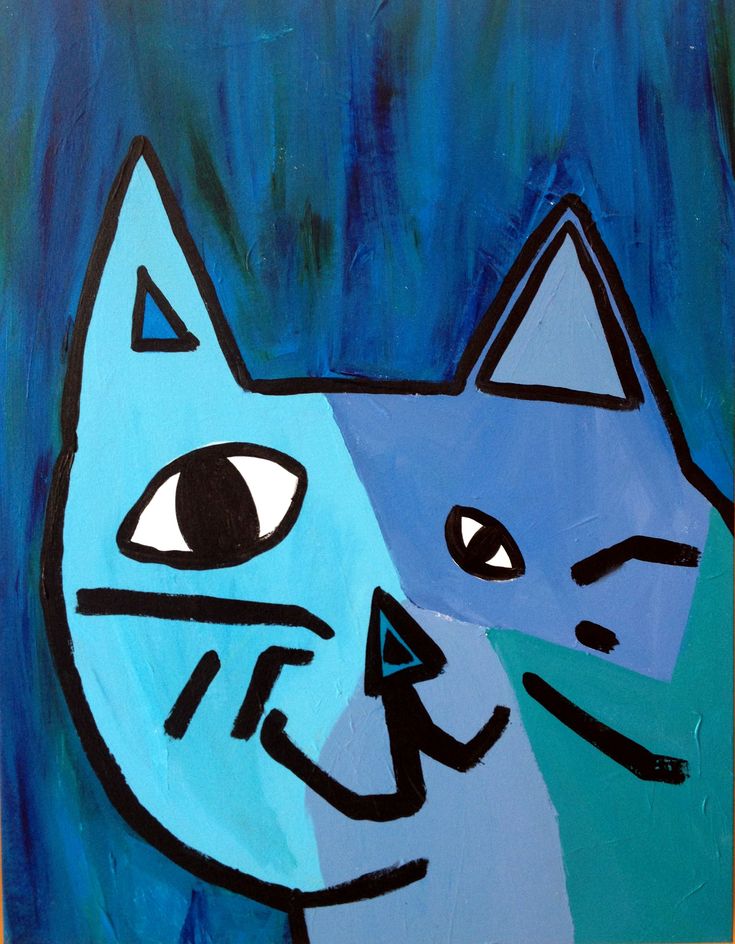 a painting of a blue cat with black eyes