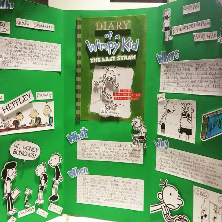 a green book with writing and pictures on the front cover that says diary of a wimpy kid