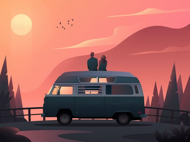 two people standing on top of a van in the middle of a forest at sunset