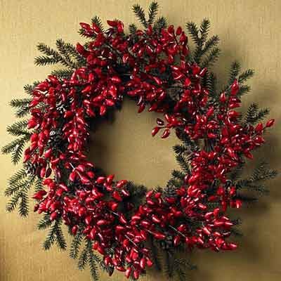 a wreath with red berries hanging on the wall