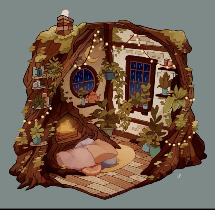 an illustration of a fairy house made out of wood and plants with lights on the windows