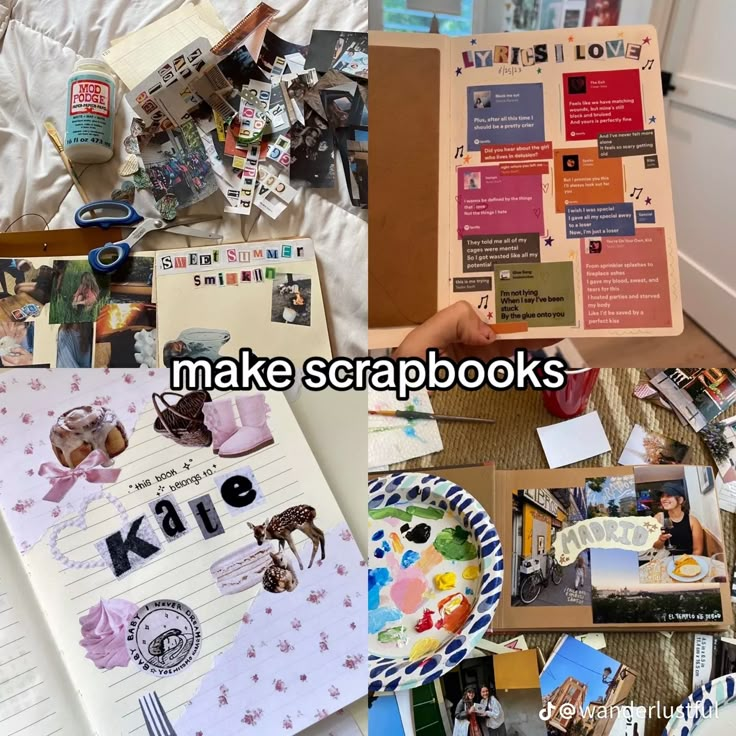 a pile of scrapbooks sitting on top of a bed covered in papers and pictures