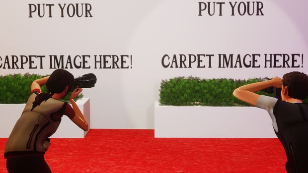 two people are taking pictures on the red carpet