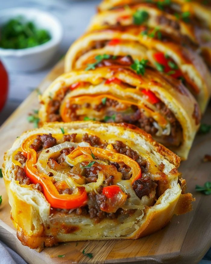 the bread is filled with meat and vegetables