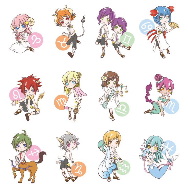 an image of anime characters with zodiac signs on their backs and hands, all in different poses