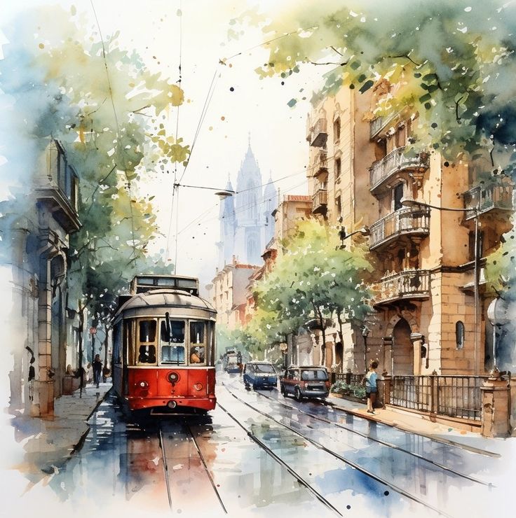 a watercolor painting of a trolley on a city street with buildings in the background