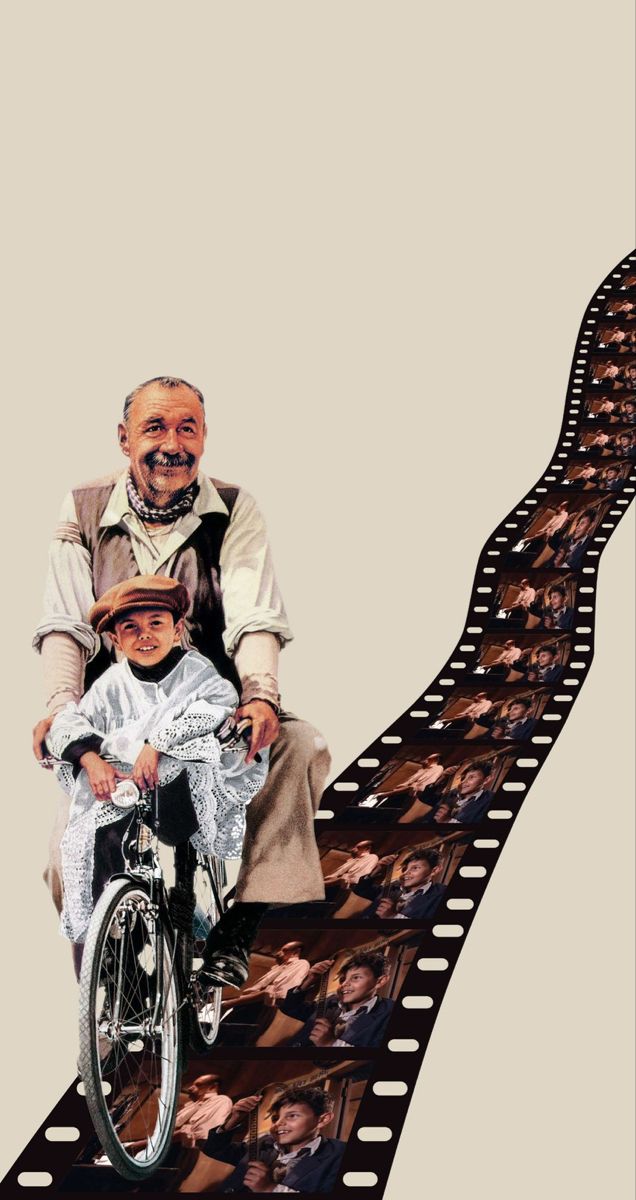 an old man riding a bike down a long road with pictures on the back of it