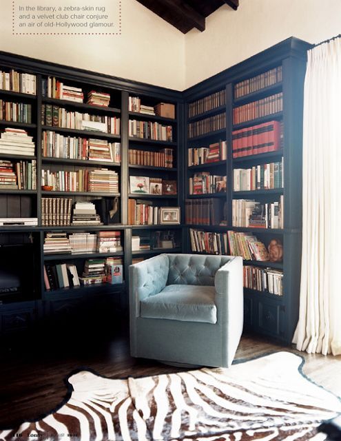 a living room filled with lots of book shelves and a zebra print rug on the floor