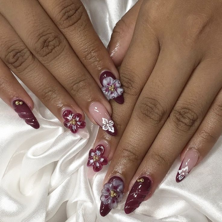 ig: nailssbyshareth Maroon Flower Nails, Maroon Nails Design, Maroon Nail Designs, Burgundy Nail Art, Burgundy Aesthetic, Orchid Nails, 3d Flower Nails, Maroon Nails, Burgundy Nails