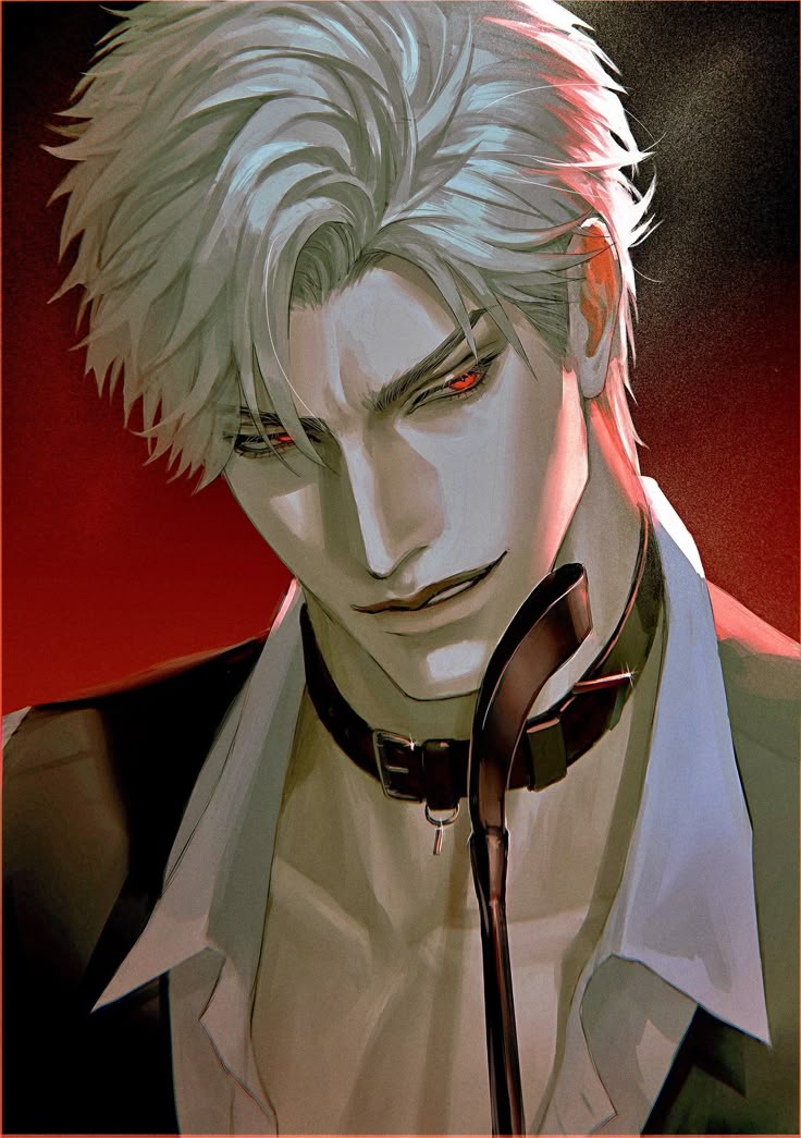 an anime character with white hair and red eyes wearing a black tie, looking to his left