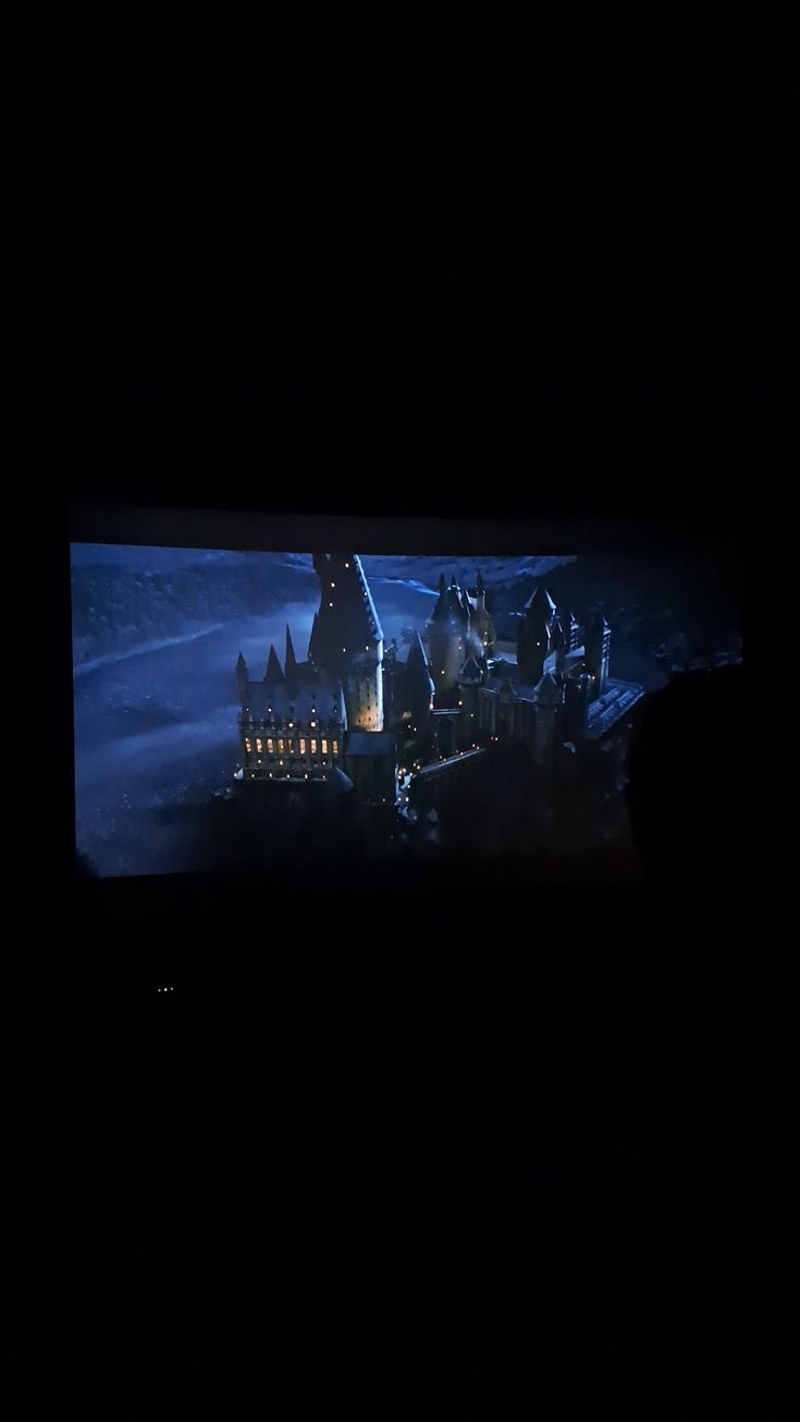 a person is looking at a tv screen with hogwart's castle on it