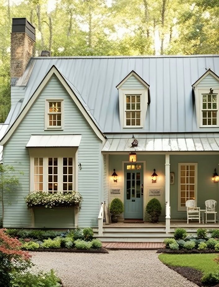 a blue house with white trim and lots of windows on the front door is surrounded by greenery