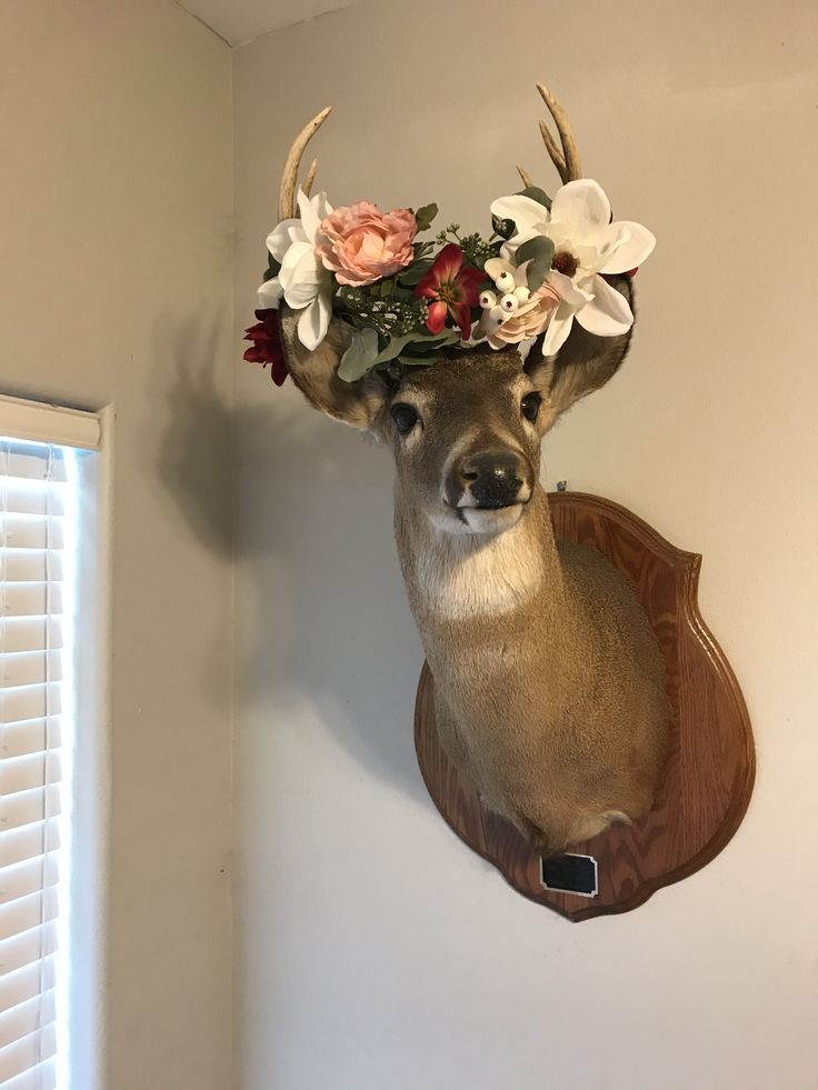 a deer head mounted on the wall with flowers in it's antlers