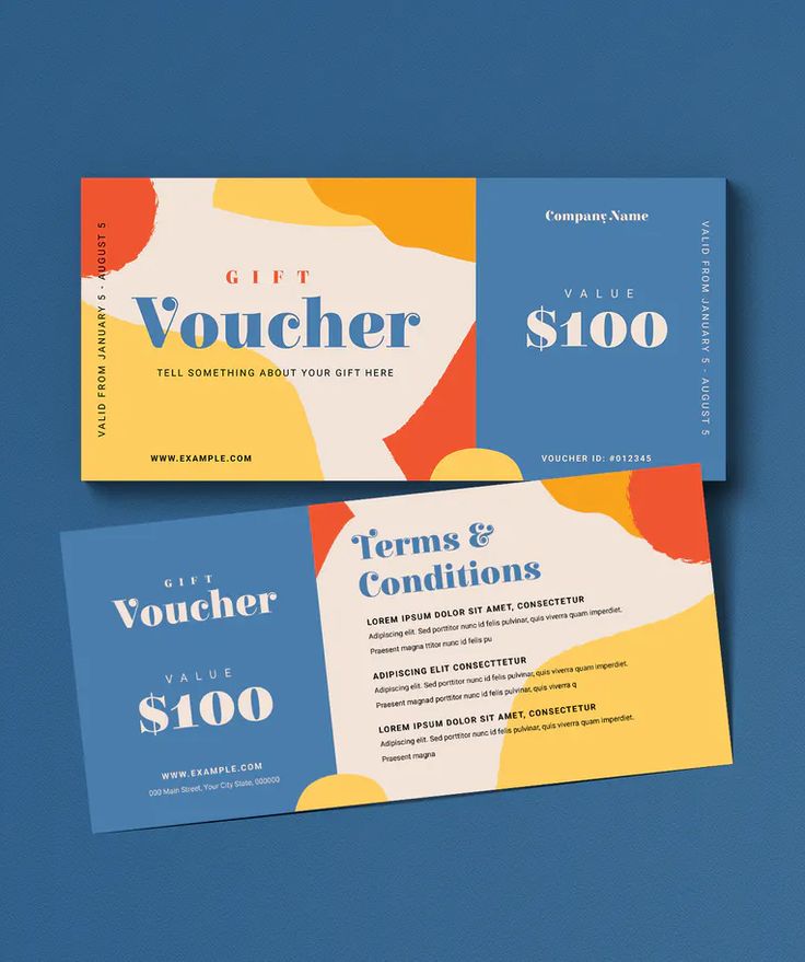 two coupons for a gift voucher are on a blue background with yellow and orange colors