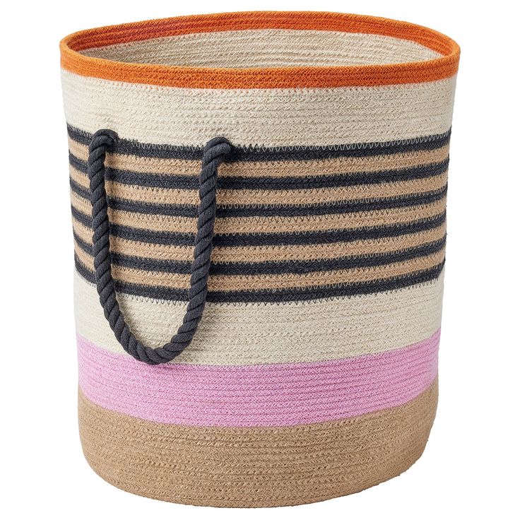 a multicolored striped basket with rope handles on the bottom and sides, sitting against a white background