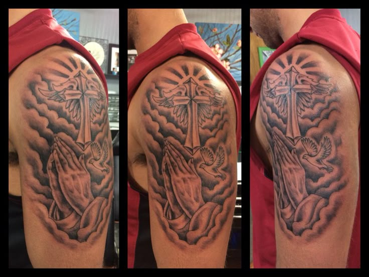 Praying hands cross tattoo Shoulder Cross Tattoo Men, Cross Tattoo Designs For Men, Cross Shoulder Tattoo Men, Praying Hands Tattoo For Men Forearm, Praying Hands Tattoo For Men, Praying Hands Half Sleeve Tattoo, Praying Hands Tattoo Sleeve, Prayer Hands With Rosary Tattoo, Shoulder Piece Tattoo