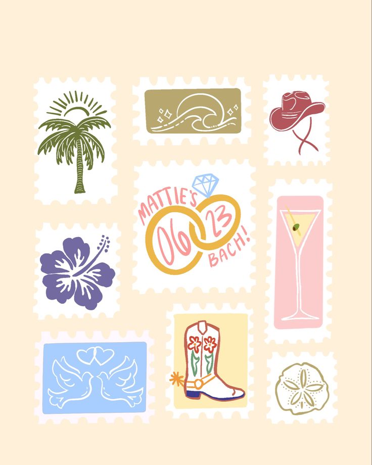 various stickers on the back of a white envelope with flowers and palm trees in different colors