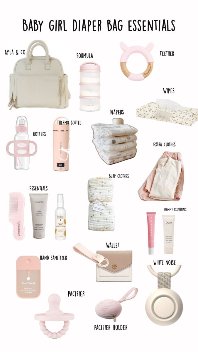 the baby girl diaper bag essentials list is shown in pink, white and beige