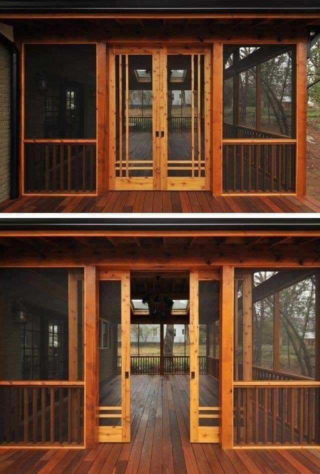 two pictures of the inside and outside of a house with wooden floors, windows, and doors