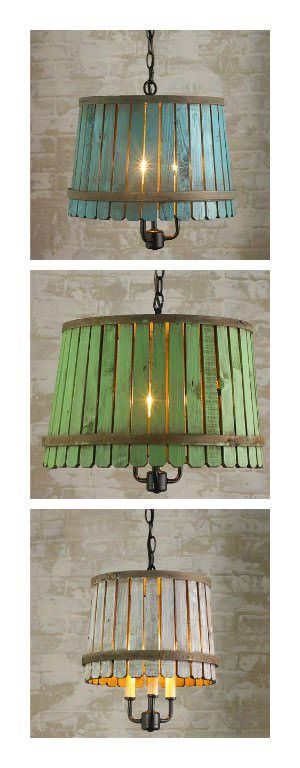 three different views of a chandelier made from stained glass and wood panels, hanging on a wall