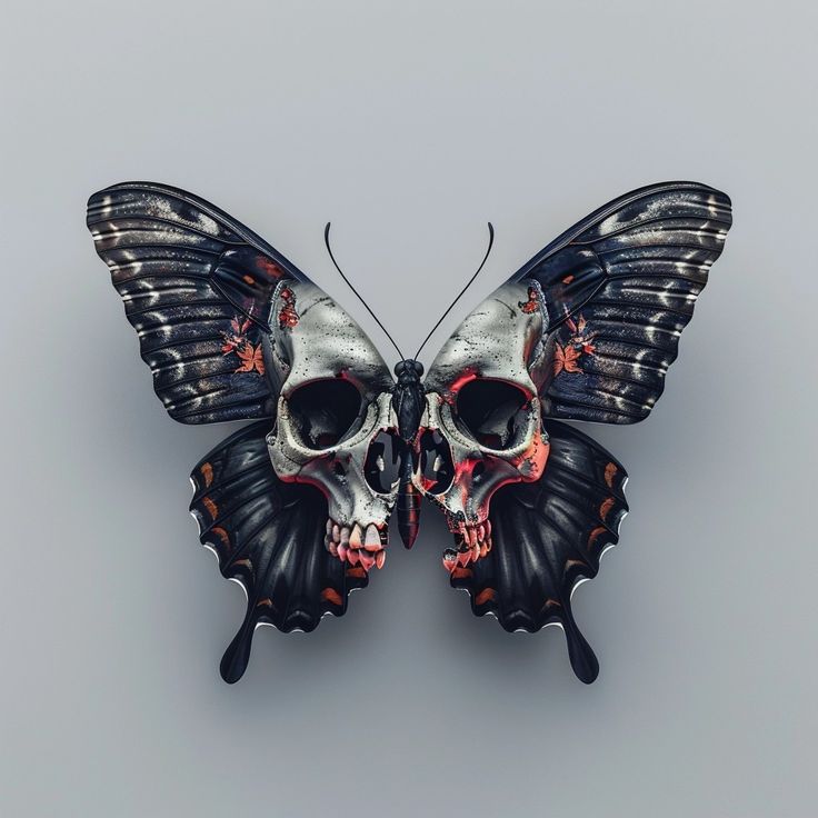 two butterflies with skulls on their wings, one is black and the other is red