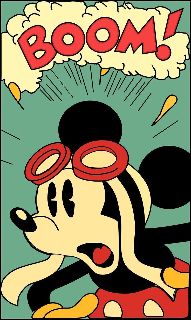 a cartoon mickey mouse with the word boom on it's face and an image of a