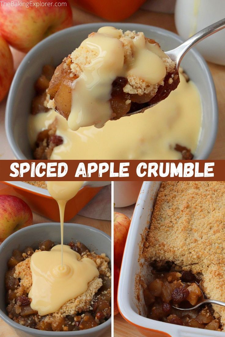 an apple crumble is being drizzled with caramel on top and in the bottom