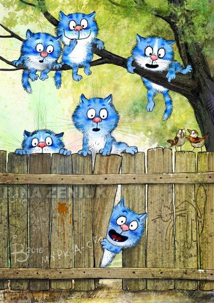 some blue cats are hanging on a fence