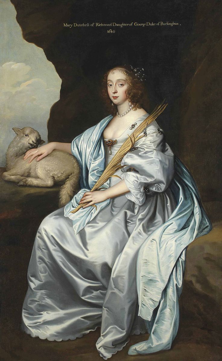 a painting of a woman in a blue dress with a white dog sitting next to her