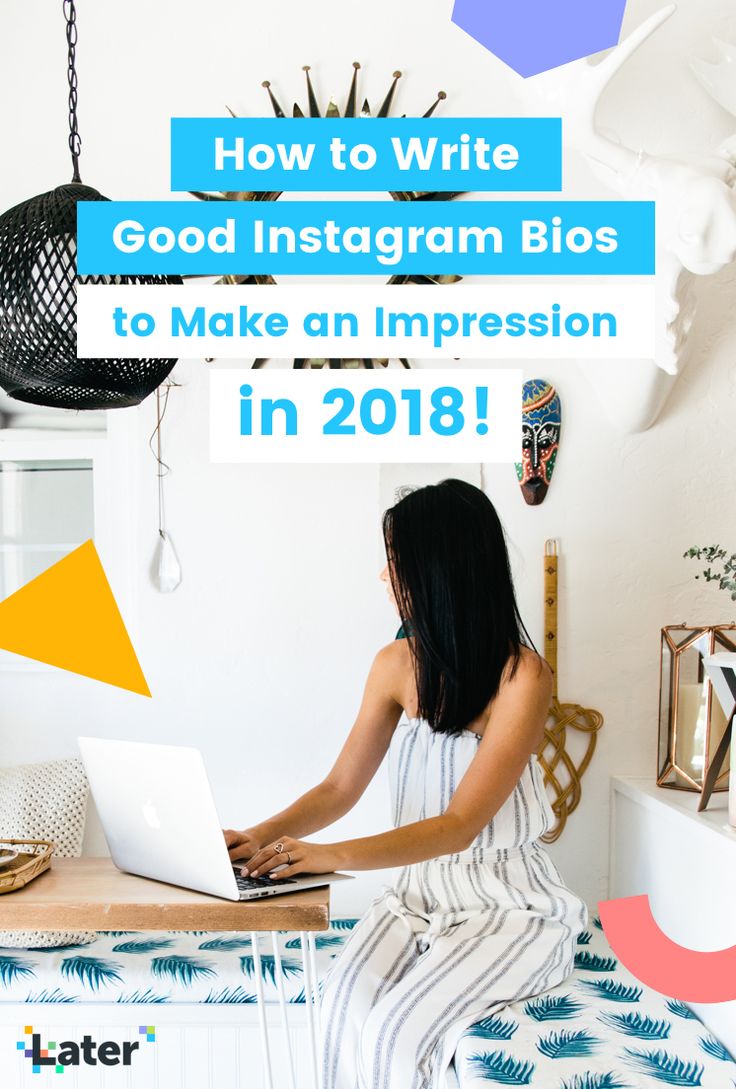 a woman sitting at a desk with a laptop in front of her and the words how to write good instagram bios to make an impression in 2018