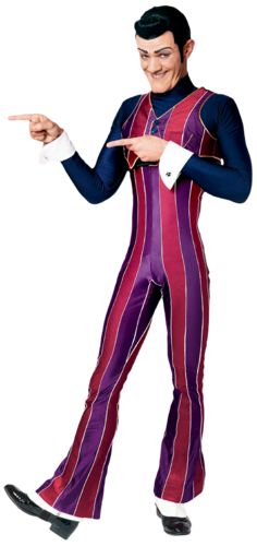 a man in a purple and red suit pointing at something