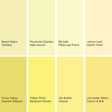 some yellow paint colors that are all in different shades and sizes, with the names on them