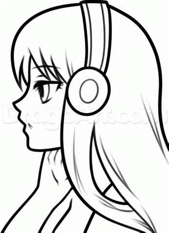 a cartoon girl with headphones on her ears, looking to the side in black and white