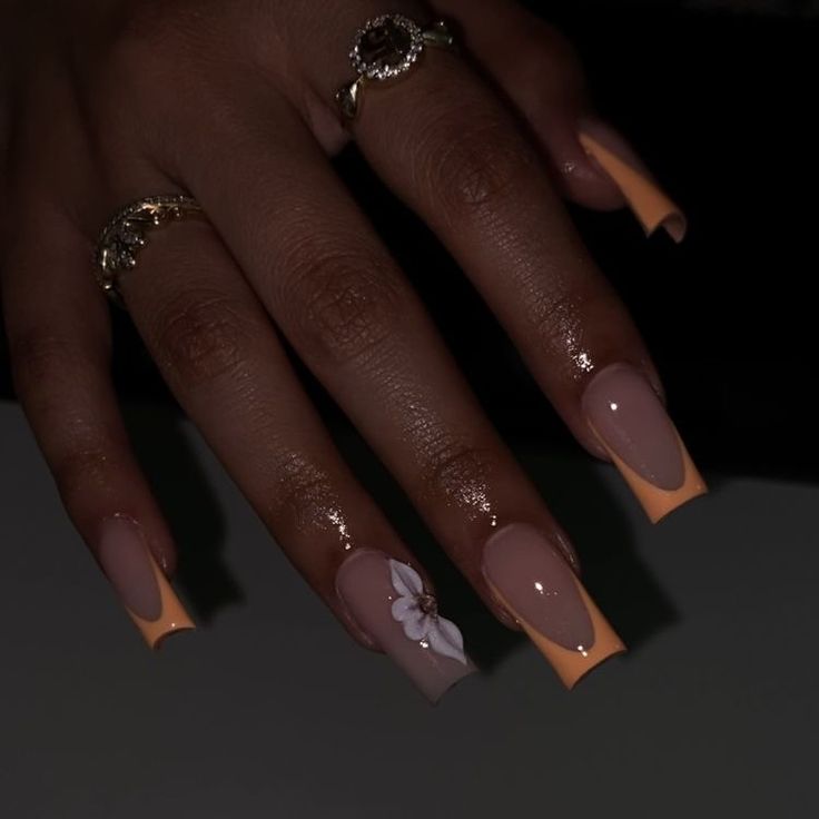 Square Nails With Flower Design, Holiday Flower Nails, Long Acrylic Nails Square Ideas Design, French Peach Nails, Peach Color Acrylic Nails, Orange Gel X Nails, Nails For Punta Cana, Orange Flower Nail Designs, Acrylic Nails Orange Design