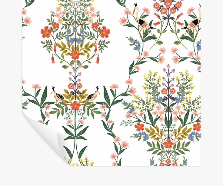 a floral wallpaper with birds and flowers on it's white backround