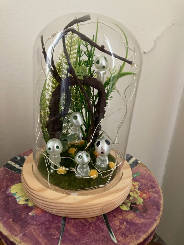 a glass dome with plants inside sitting on top of a table