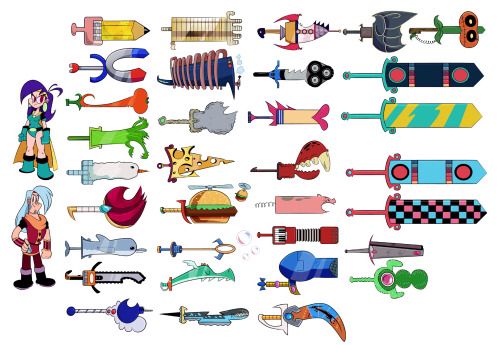 an assortment of cartoon characters and objects on a white background