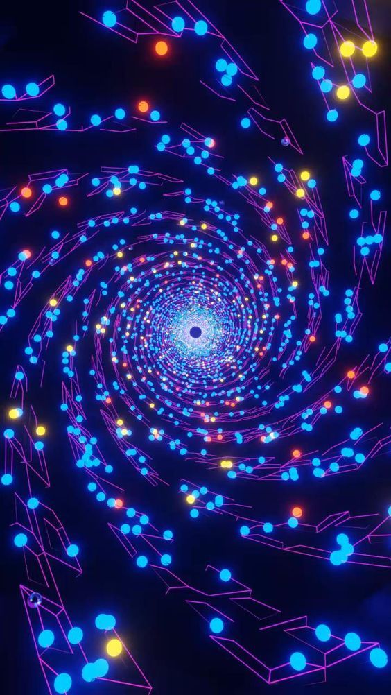 the inside of a blue and white spiral with many lights on it's sides