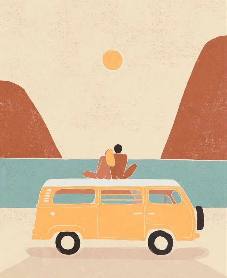 an orange van parked on top of a sandy beach next to the ocean and mountains