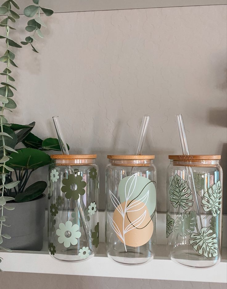 three glass jars with straws and plants in them sitting on a shelf next to a potted plant