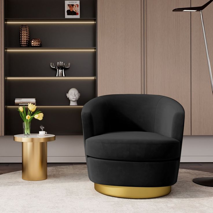 a black and gold chair sitting in front of a wooden book shelf next to a vase with flowers