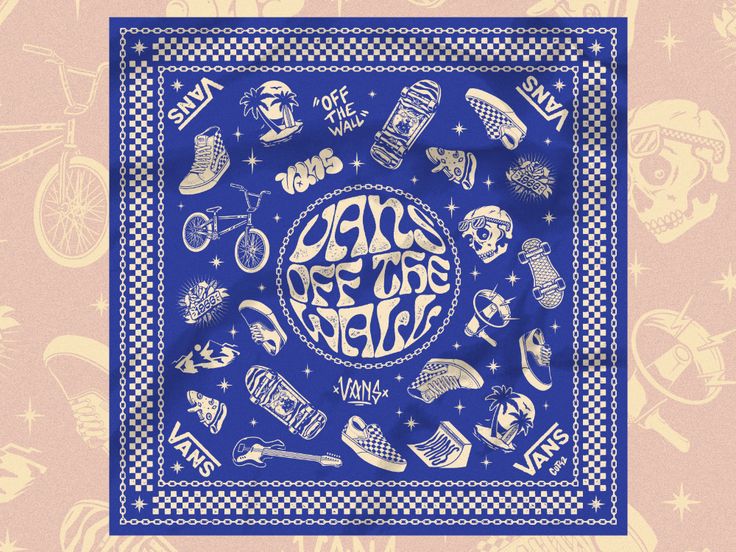 a blue bandana with various items on it and the words save the world written in white