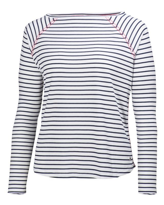 a women's top with long sleeves and striped pattern on the chest, in white and