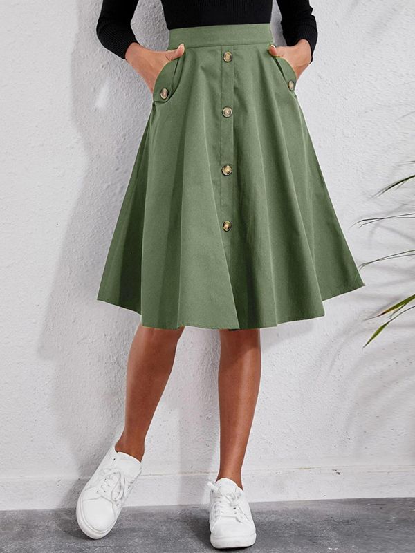 SkuCY-!112186MaterialCotton StyleA-line FeatureButtoned , Pleated , Solid Color OccasionCasual SeasonsSummer TypeSkirts ColorARMY GREENSizeS,M,L,XL Please consult the size chart we provide for this item's measurements to help you decide which size to buy.Please note: There may be 1-3cm differ due to manual measurement.CMINCHWaistHipsLengthS7012265M7412666L7813067XL8213468 Wide Waistband Skirt, Elegant Midi Skirt, Work Outfits Frauen, Ruffle Hem Skirt, Umbrella Skirt, Button Skirt, Knee Skirts, Mid Length Skirts, Plus Size Skirts