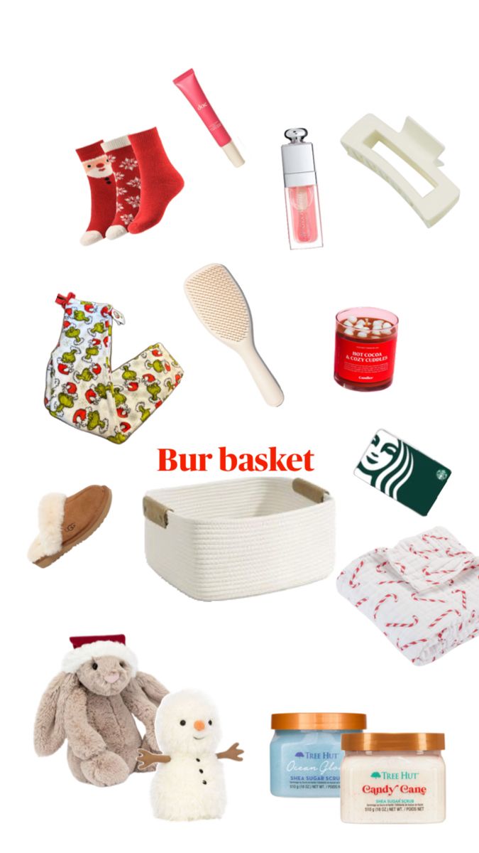 the contents of a baby's gift basket are shown in red and white letters