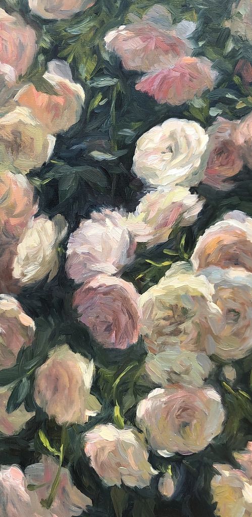 an oil painting of white and pink roses