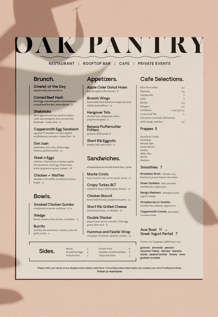 an image of a restaurant menu with shadows on the paper and coffee cup next to it