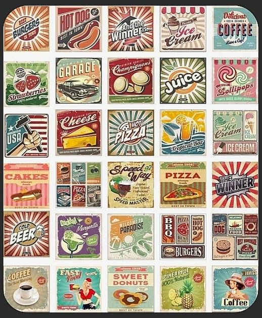 an assortment of retro food labels