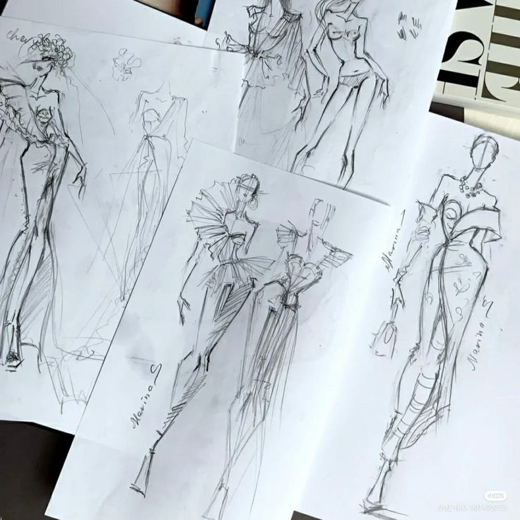 four sketches of women's fashions are shown in this image, and one is drawn